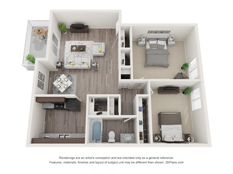 A 3D floor plan of a small apartment with a kitchen, living room, bedroom, and bathroom.